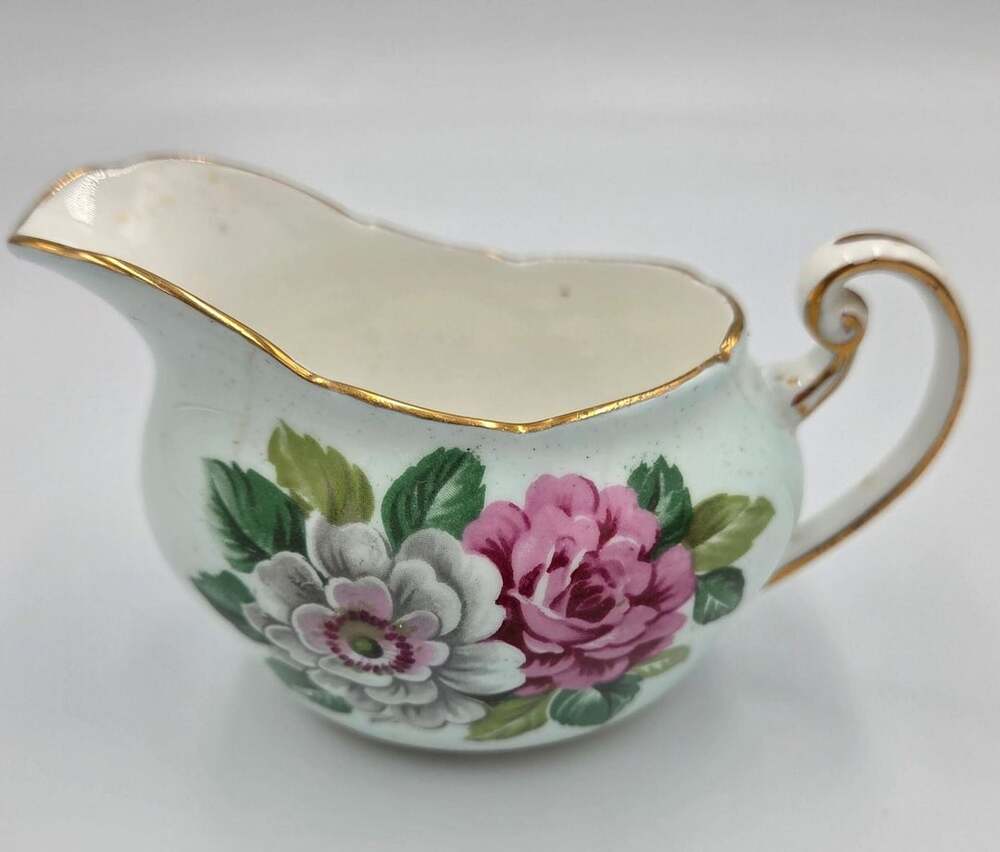 Paragon Fine Bone China Creamer with Pink and White Roses and Gold Gilt